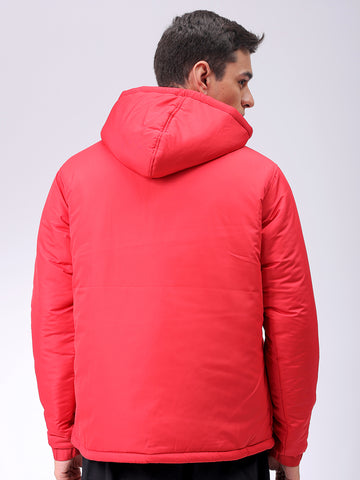 Men's Red Slim Fit Solid Hooded Jacket