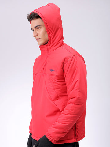 Men's Red Slim Fit Solid Hooded Jacket