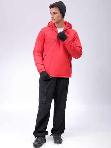 Men's Red Slim Fit Solid Hooded Jacket