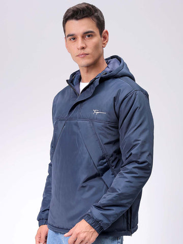 Men's Navy Blue Slim Fit Solid Hooded Jacket