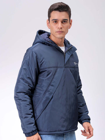 Men's Navy Blue Slim Fit Solid Hooded Jacket