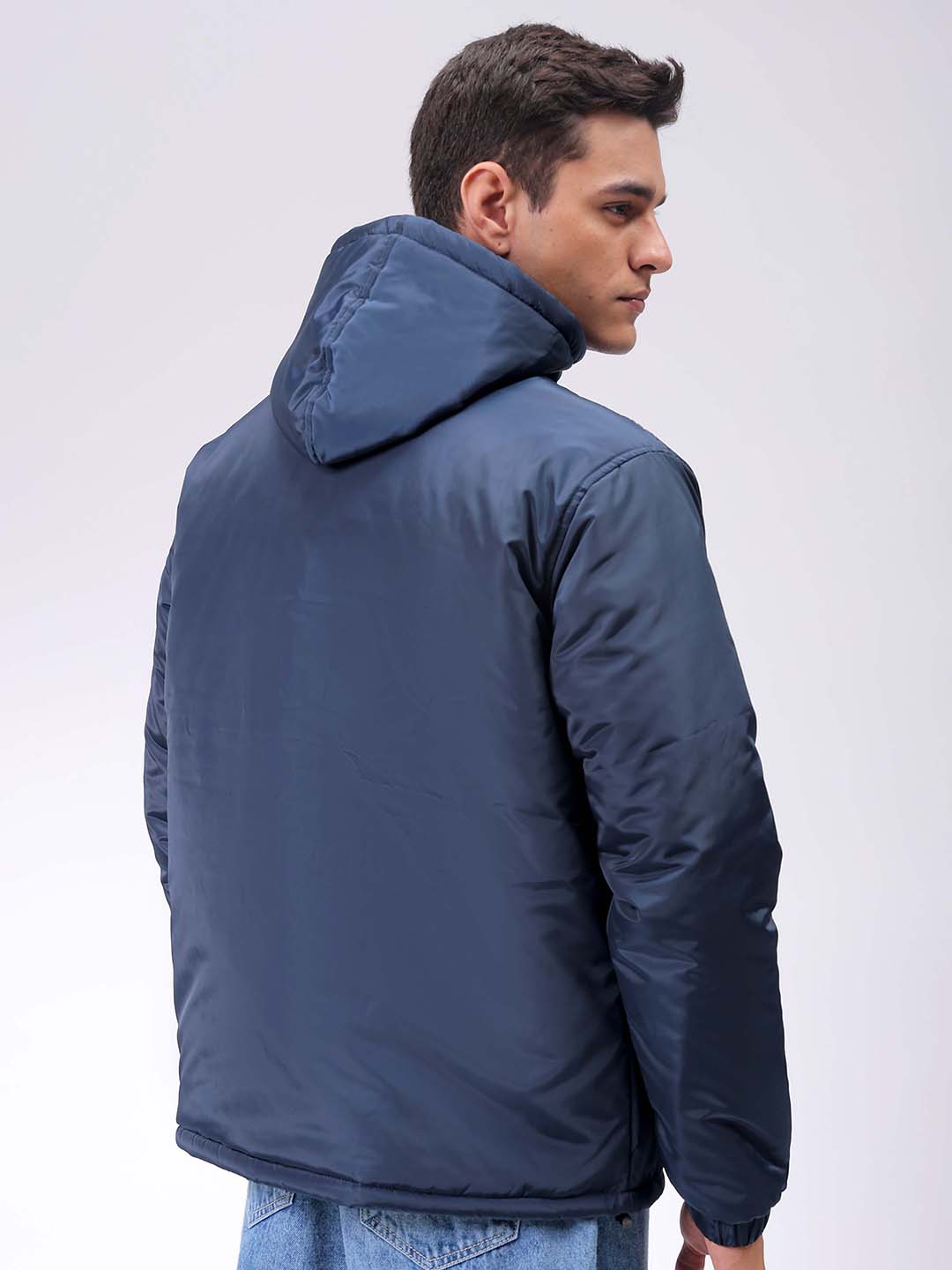 Men's Navy Blue Slim Fit Solid Hooded Jacket