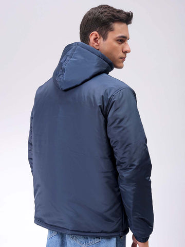 Men's Navy Blue Slim Fit Solid Hooded Jacket