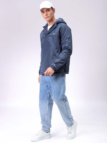 Men's Navy Blue Slim Fit Solid Hooded Jacket