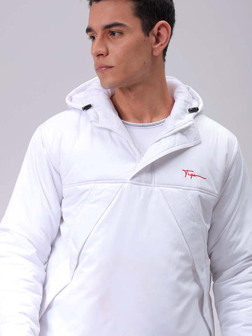 Men's White Slim Fit Solid Hooded Jacket