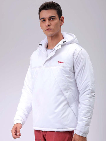 Men's White Slim Fit Solid Hooded Jacket