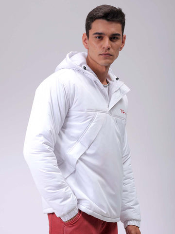Men's White Slim Fit Solid Hooded Jacket
