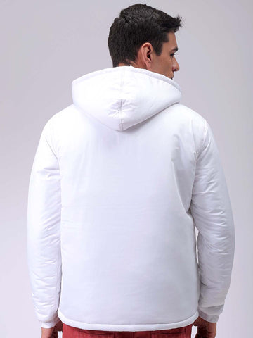 Men's White Slim Fit Solid Hooded Jacket