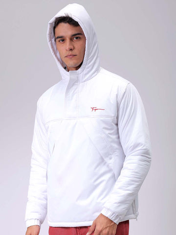 Men's White Slim Fit Solid Hooded Jacket
