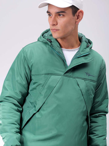 Men's Green Slim Fit Solid Hooded Jacket