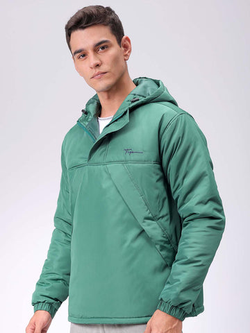 Men's Green Slim Fit Solid Hooded Jacket
