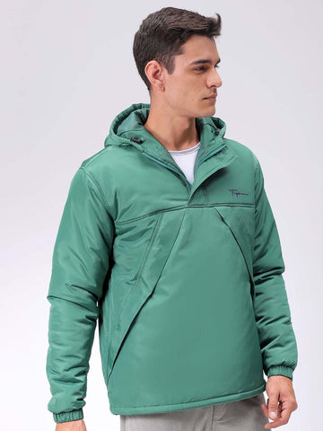 Men's Green Slim Fit Solid Hooded Jacket
