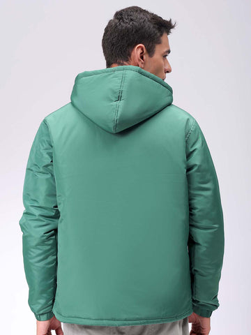 Men's Green Slim Fit Solid Hooded Jacket