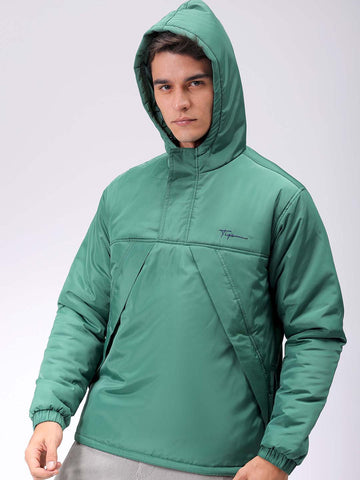 Men's Green Slim Fit Solid Hooded Jacket