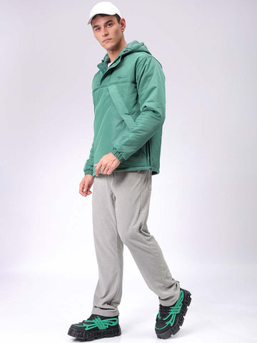 Men's Green Slim Fit Solid Hooded Jacket