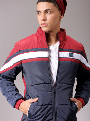 Men's Navy Blue Slim Fit Colourblocked Jacket