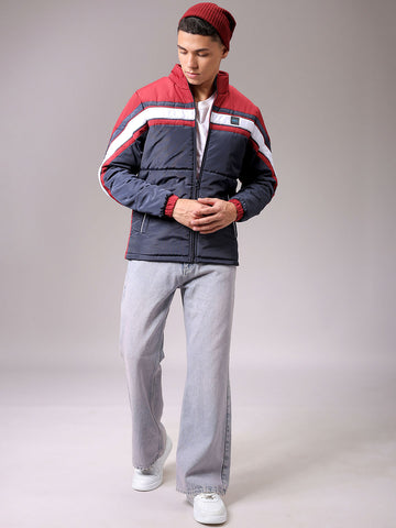 Men's Navy Blue Slim Fit Colourblocked Jacket