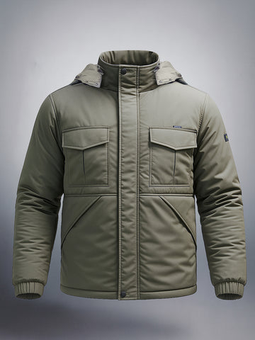 Men's Olive Slim Fit Solid Hooded Jacket