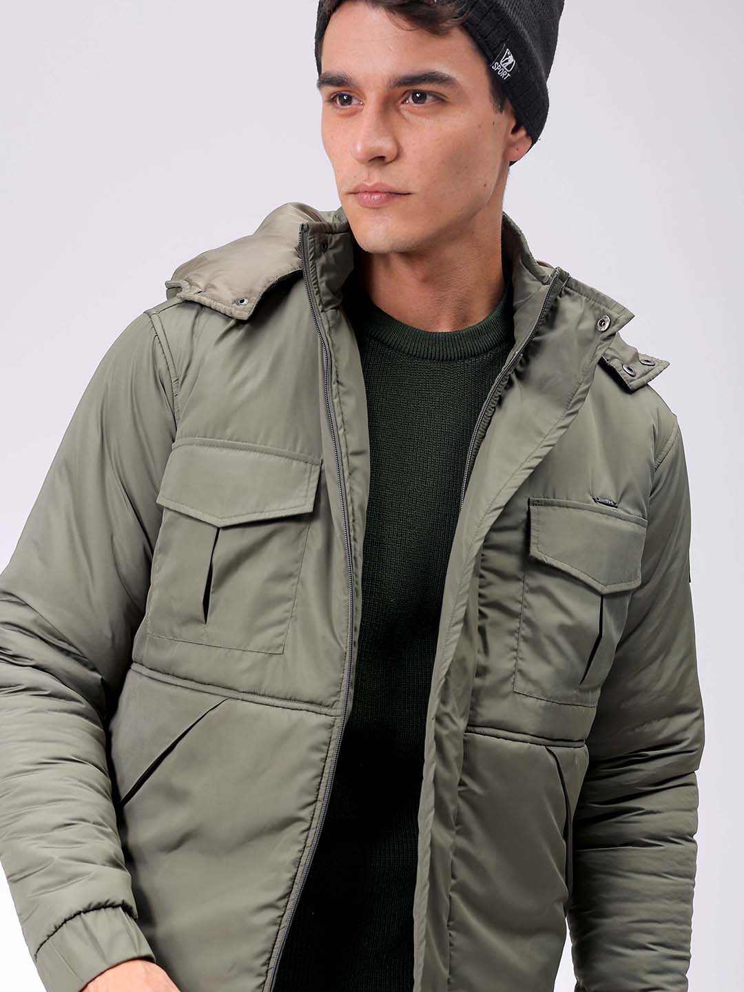 Men's Olive Slim Fit Solid Hooded Jacket