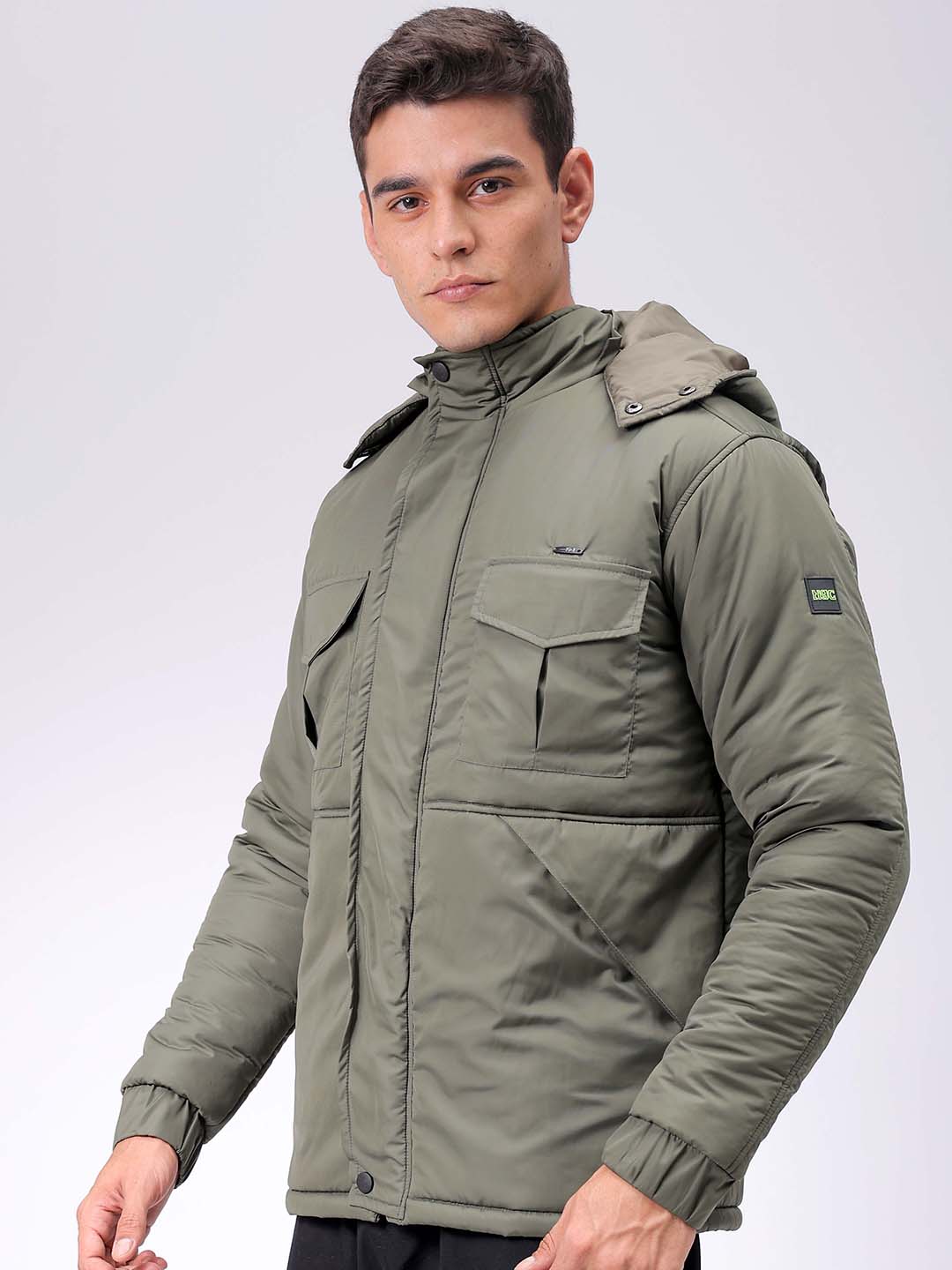 Men's Olive Slim Fit Solid Hooded Jacket