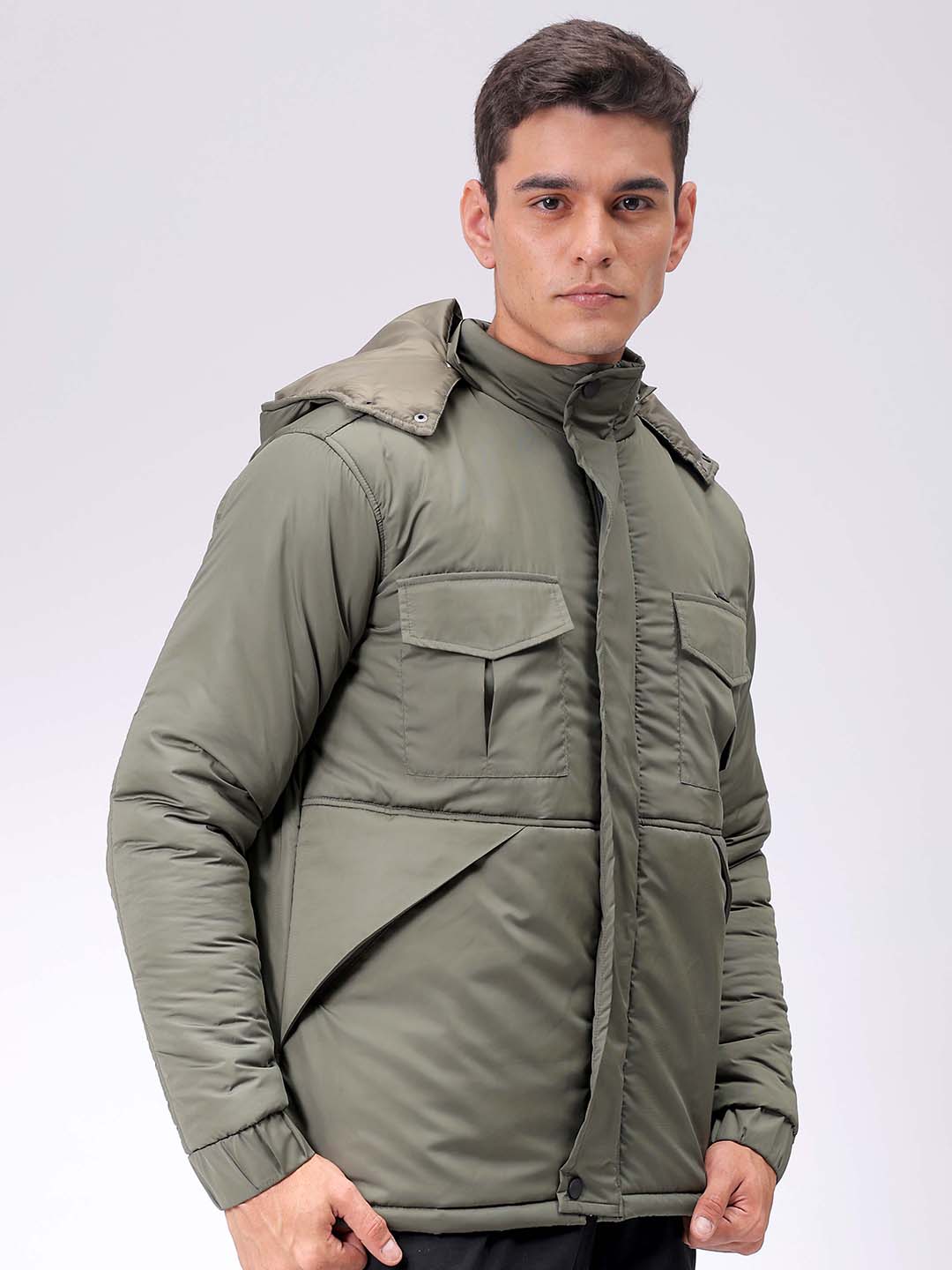 Men's Olive Slim Fit Solid Hooded Jacket