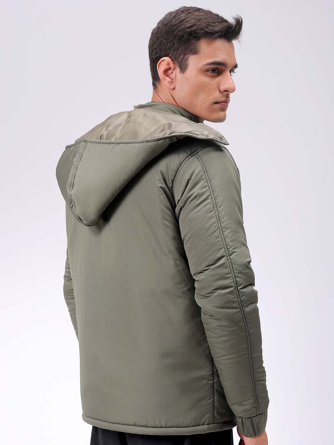 Men's Olive Slim Fit Solid Hooded Jacket