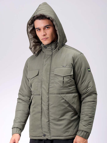 Men's Olive Slim Fit Solid Hooded Jacket