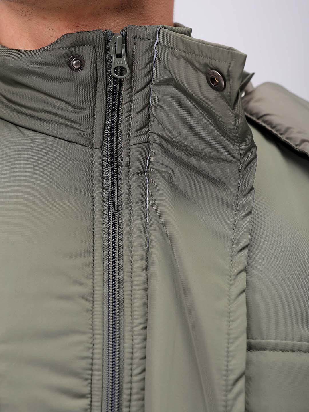 Men's Olive Slim Fit Solid Hooded Jacket