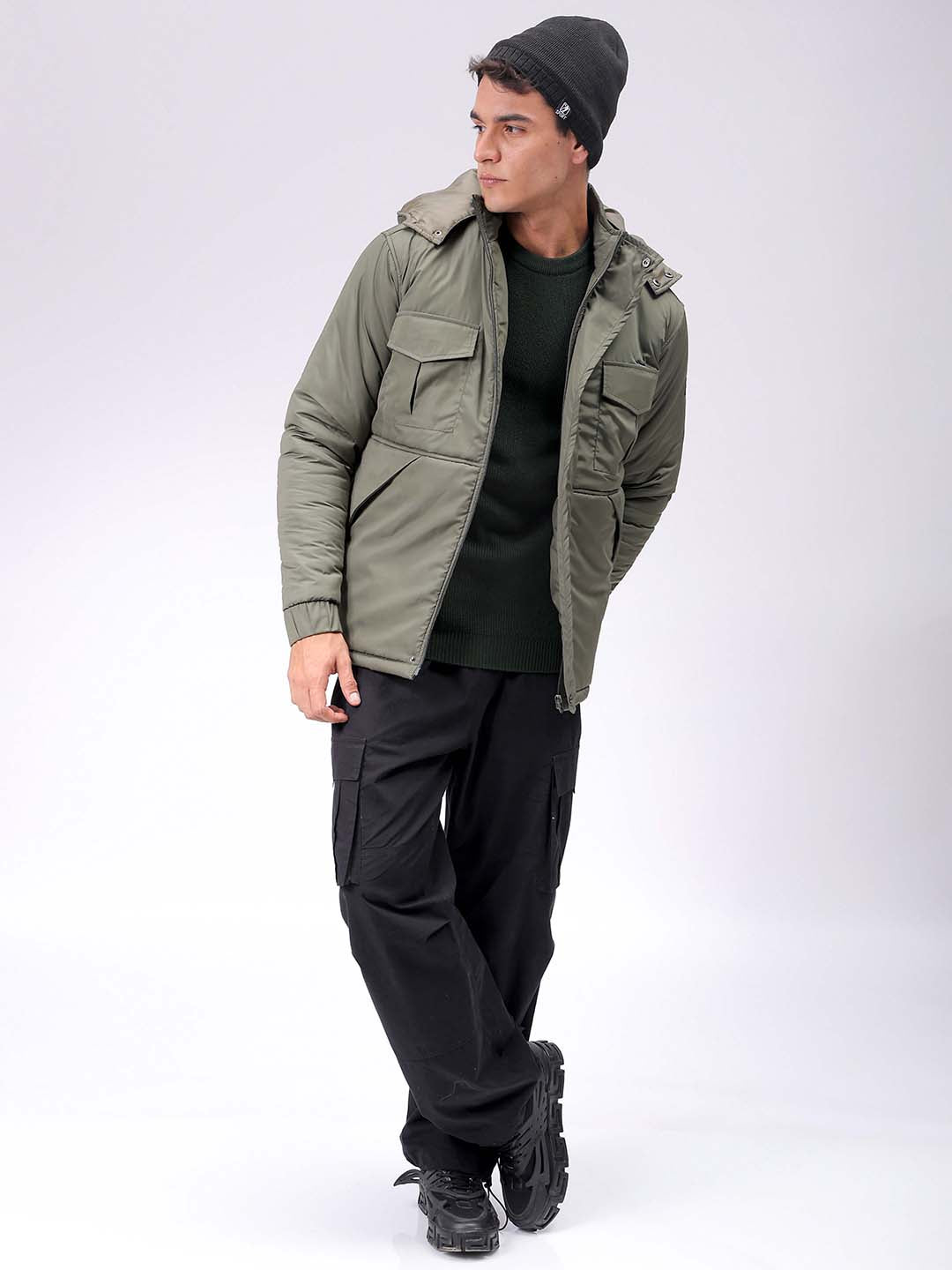 Men's Olive Slim Fit Solid Hooded Jacket