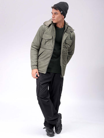 Men's Olive Slim Fit Solid Hooded Jacket