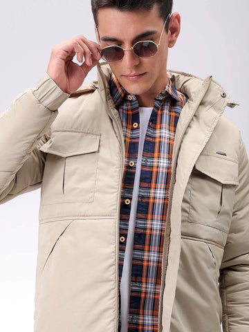 Men's Beige Slim Fit Solid Hooded Jacket