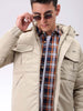 Men's Beige Slim Fit Solid Hooded Jacket