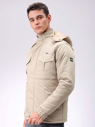 Men's Beige Slim Fit Solid Hooded Jacket
