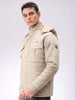 Men's Beige Slim Fit Solid Hooded Jacket