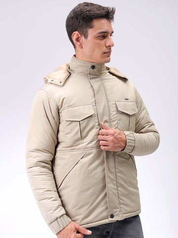 Men's Beige Slim Fit Solid Hooded Jacket