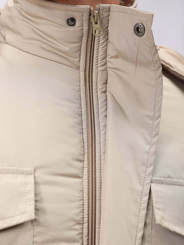Men's Beige Slim Fit Solid Hooded Jacket