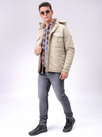 Men's Beige Slim Fit Solid Hooded Jacket