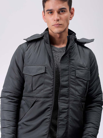 Men's Black Slim Fit Solid Hooded Jacket