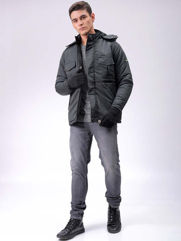 Men's Black Slim Fit Solid Hooded Jacket