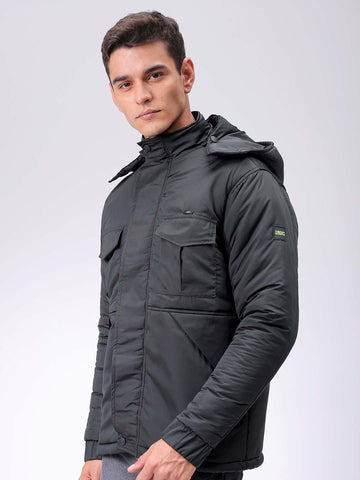 Men's Black Slim Fit Solid Hooded Jacket