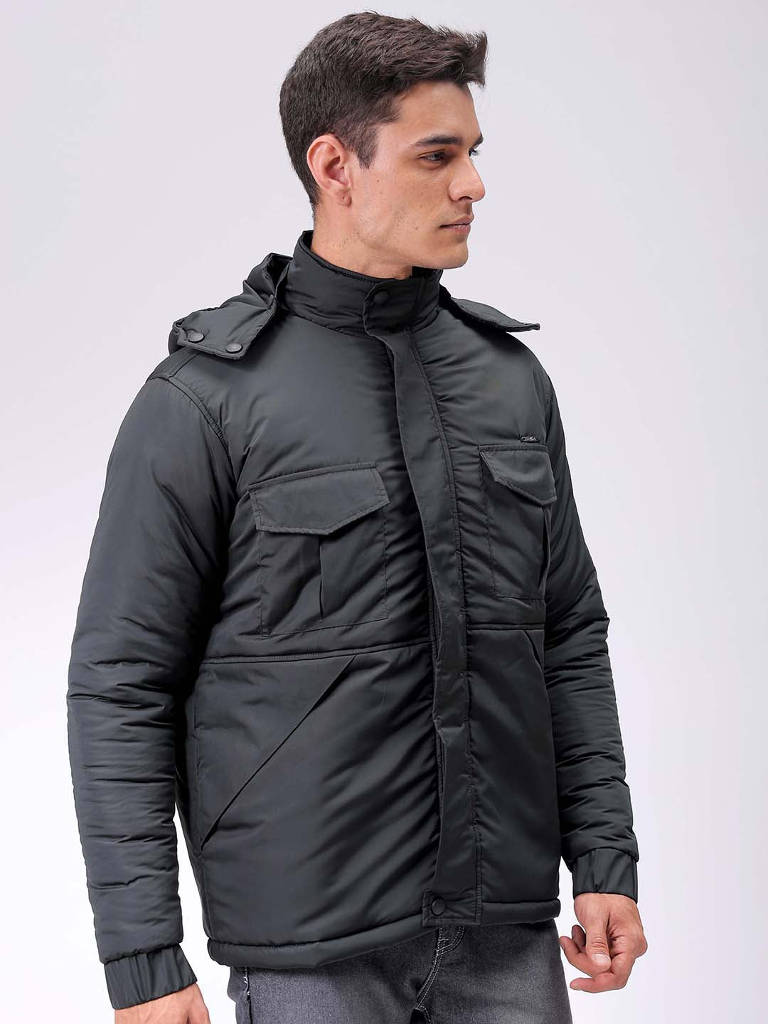 Men's Black Slim Fit Solid Hooded Jacket