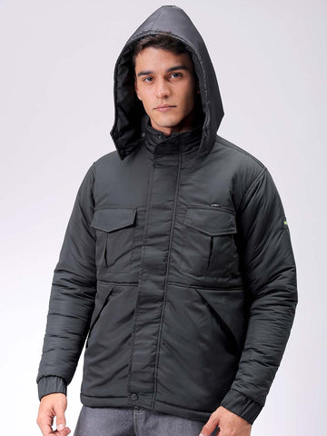 Men's Black Slim Fit Solid Hooded Jacket