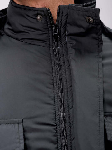 Men's Black Slim Fit Solid Hooded Jacket