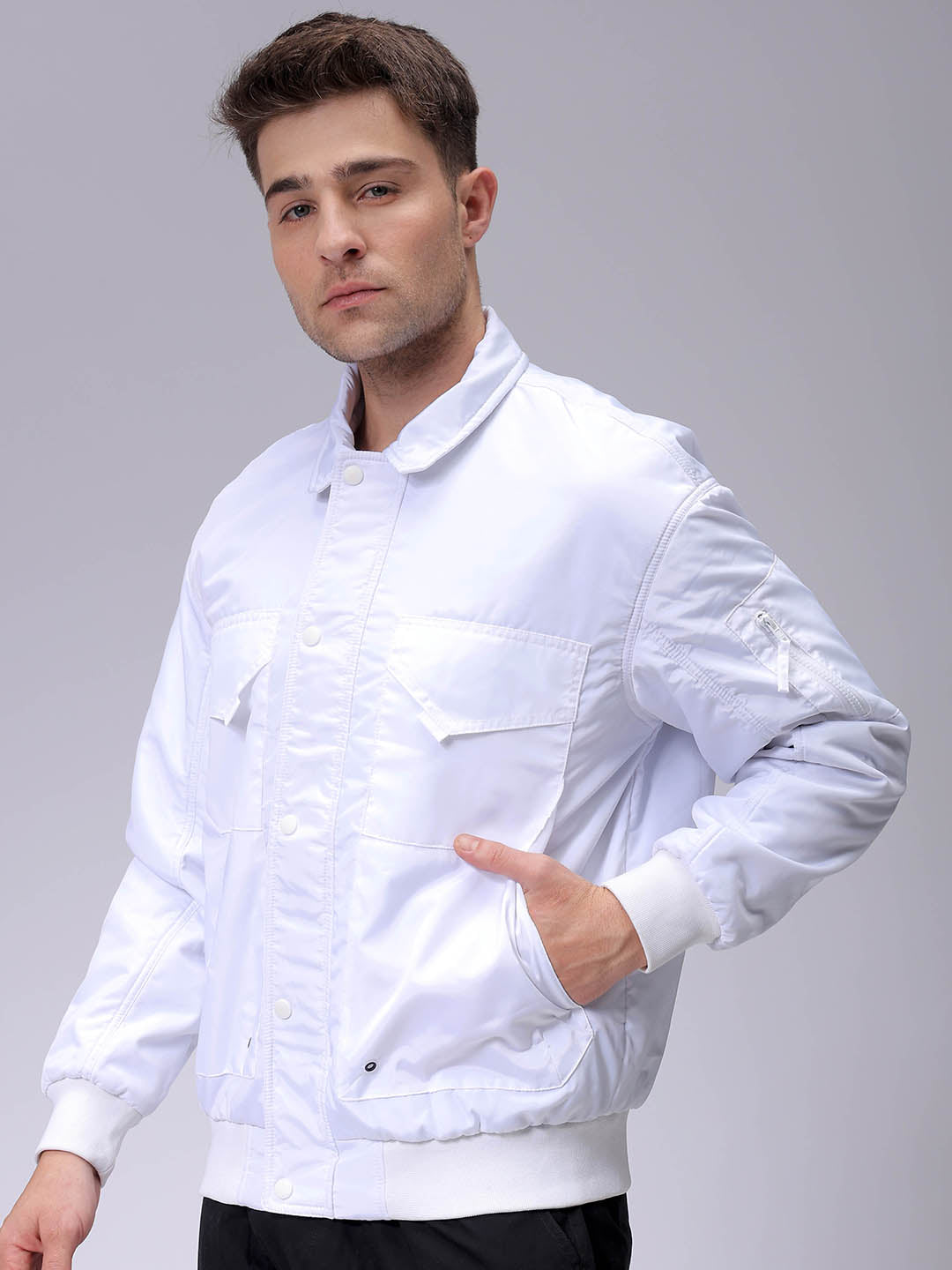 Men's White Slim Fit Solid Jacket