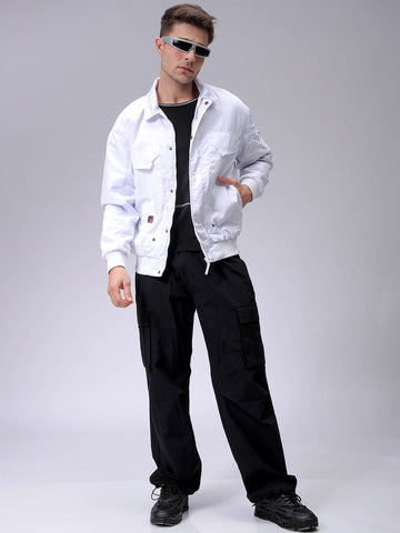 Men's White Slim Fit Solid Jacket