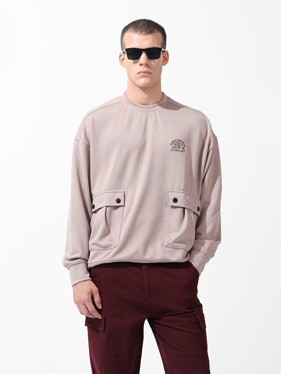 Men's White Relaxed Fit Textured Street Sweatshirt