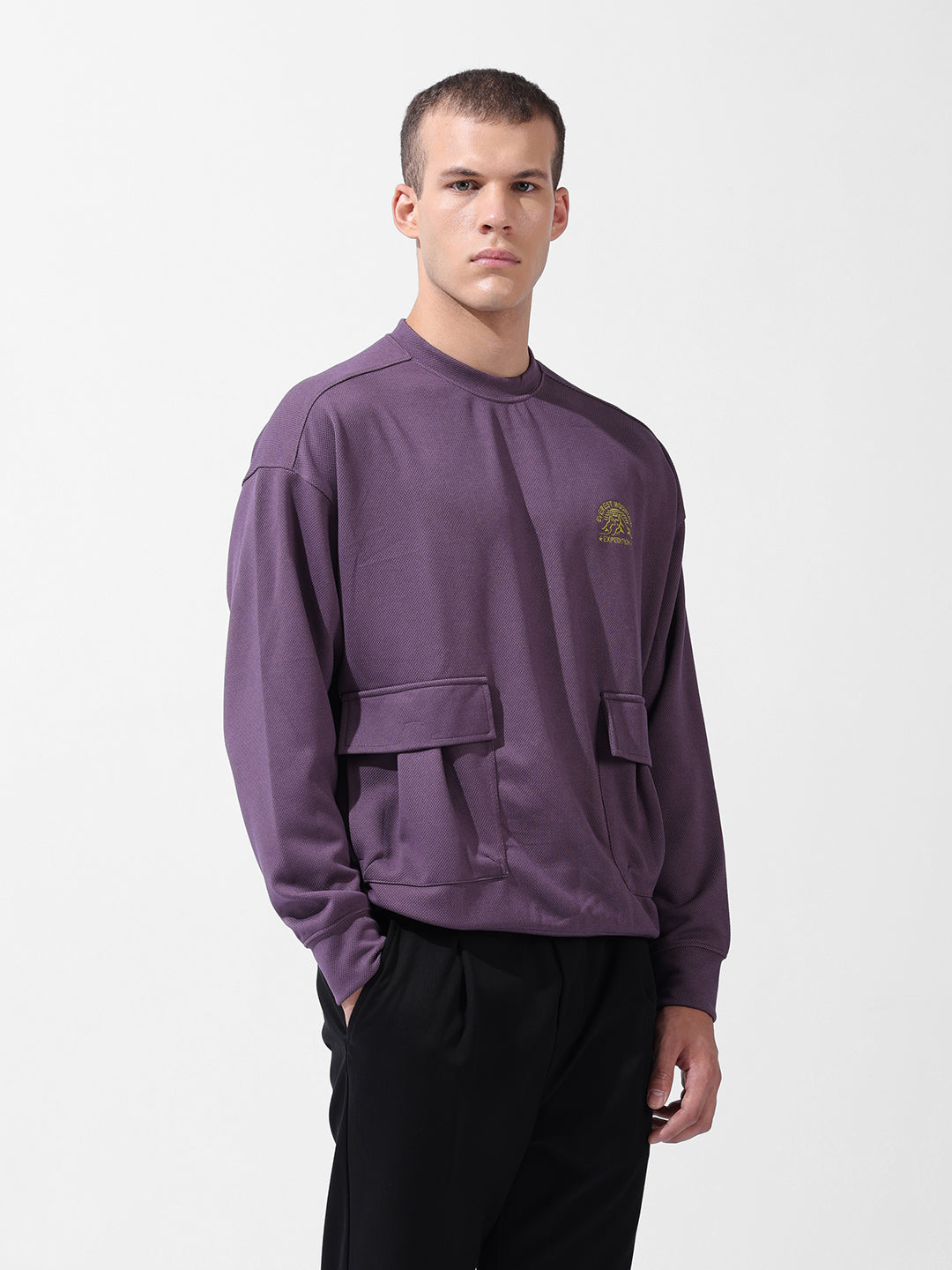 Men's Purple Relaxed Fit Textured Street Sweatshirt