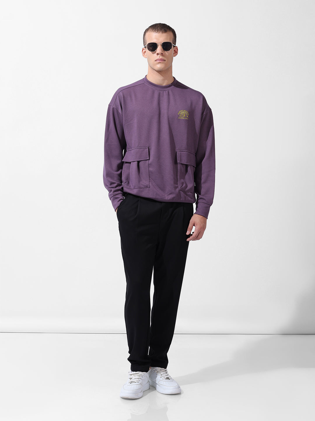 Men's Purple Relaxed Fit Textured Street Sweatshirt