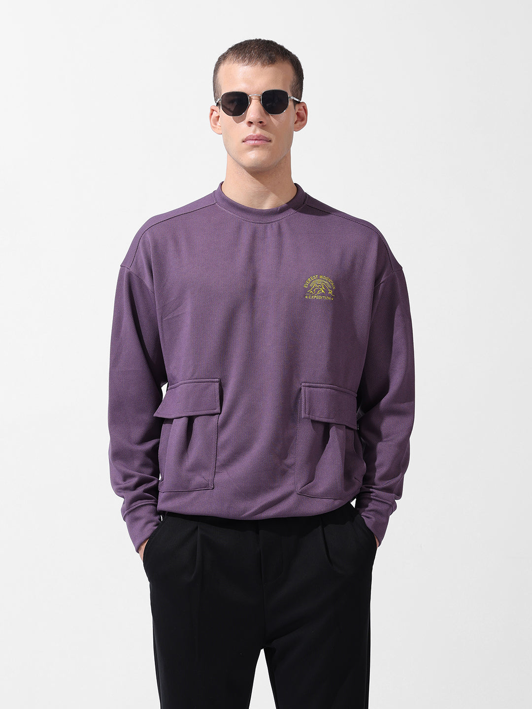 Men's Purple Relaxed Fit Textured Street Sweatshirt