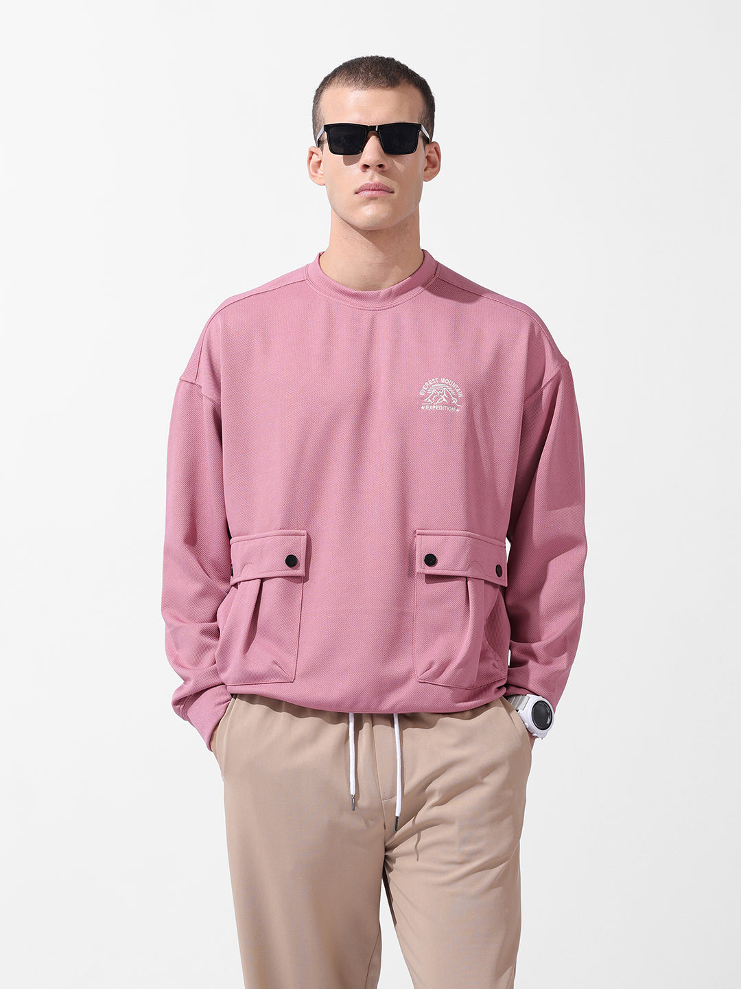 Men's Brown Relaxed Fit Textured Street Sweatshirt